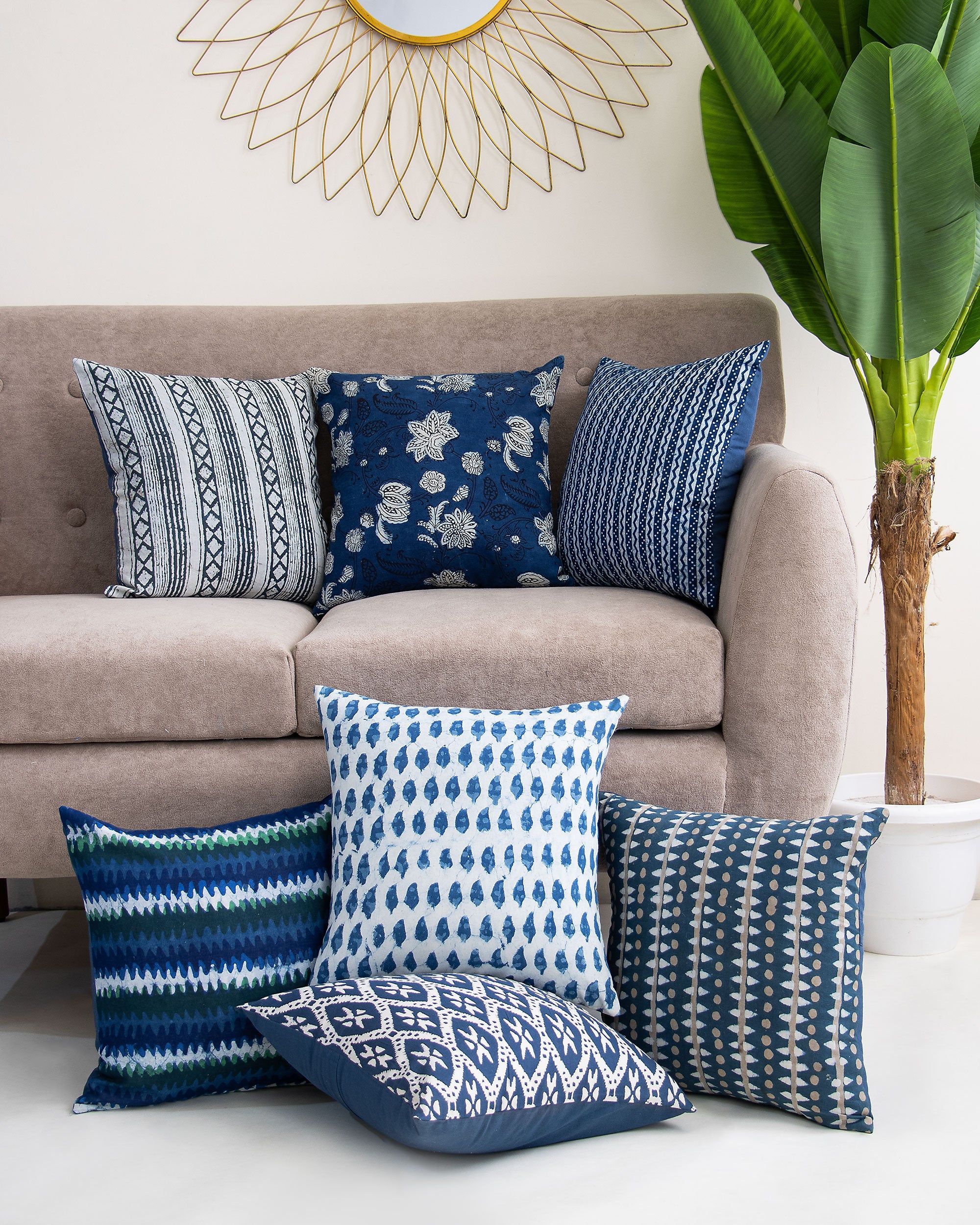 Assorted Indigo Hand Block Printed Cotton Cushion Cover